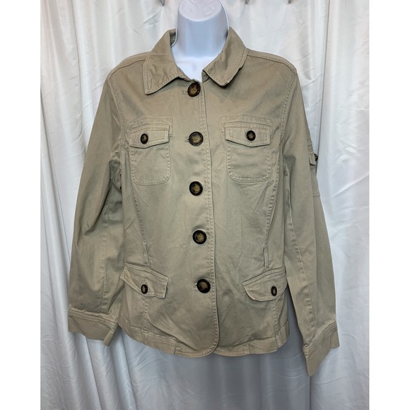 Mossimo Stretch Beige Brown Button Up Collared Cargo Jacket Coat Women's L Large - Picture 1 of 6